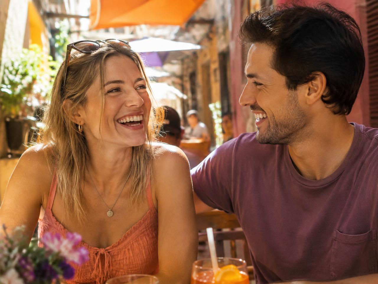 A smiling couple laughing together at a sunny city café